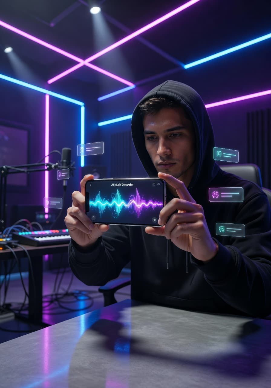 Creator using the Beatbot AI music generator app on a smartphone with floating waveform tracks