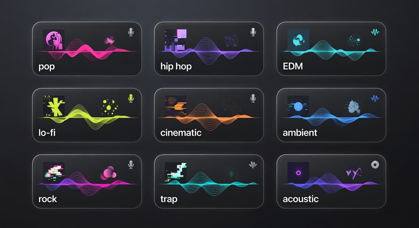 Editorial grid of AI music genres including pop, hip hop, EDM, lo-fi, cinematic and ambient