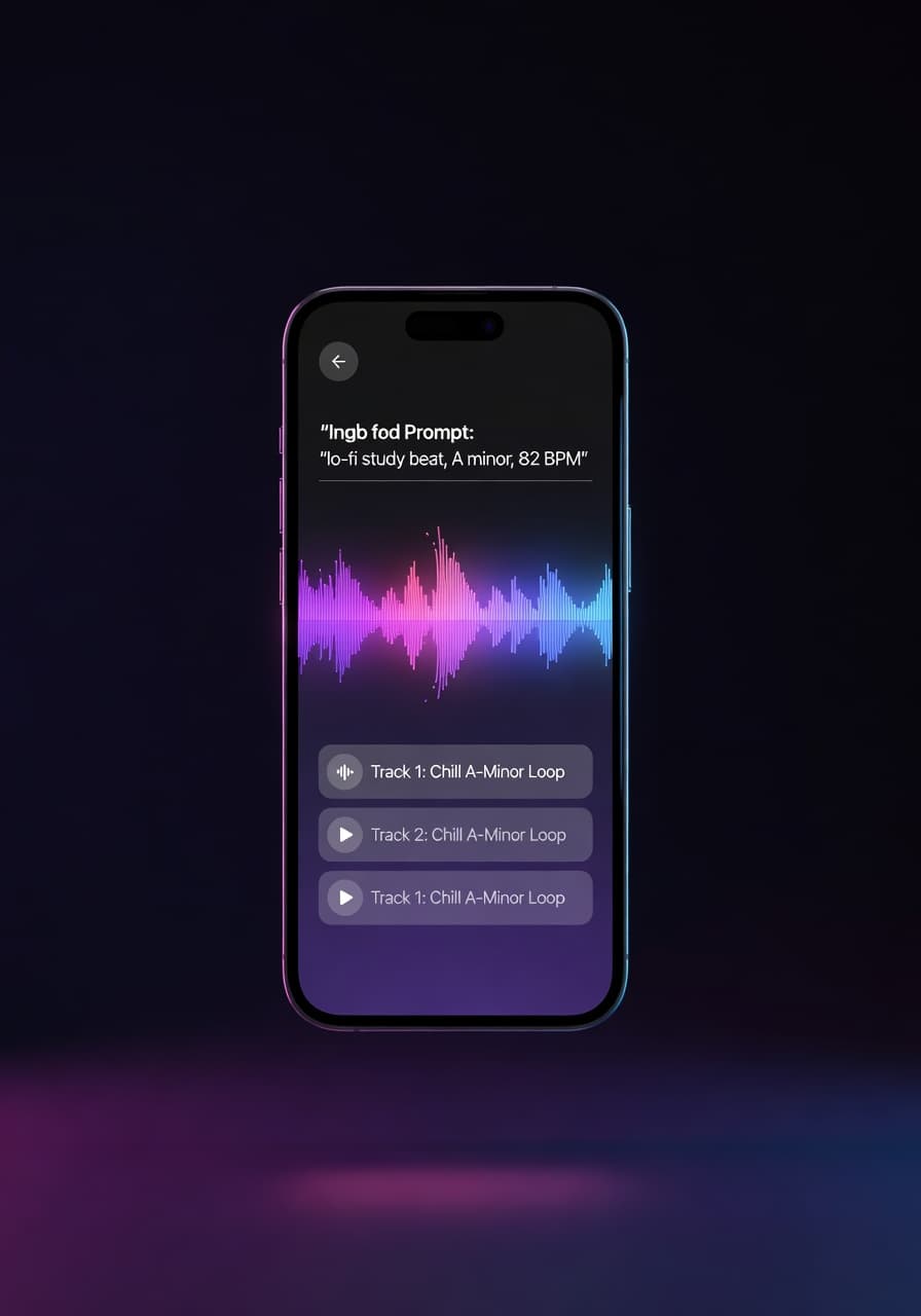 Beatbot AI Music Generator app on iPhone showing prompt-to-music interface and waveform player